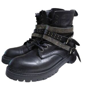 Steve Madden Captain Rhinestone Lug Sole Boots Black Leather Buckle Combat Boot
